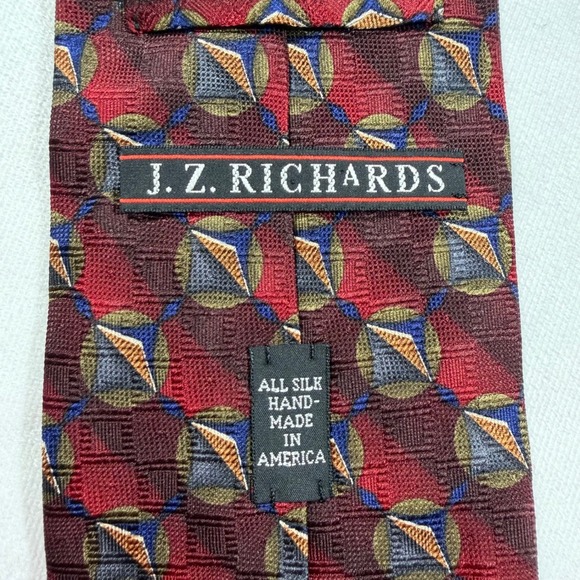 J Z RICHARDS Extra Long Necktie All Silk Handmade in USA Maroon Geometric 64"x4" - Picture 2 of 6